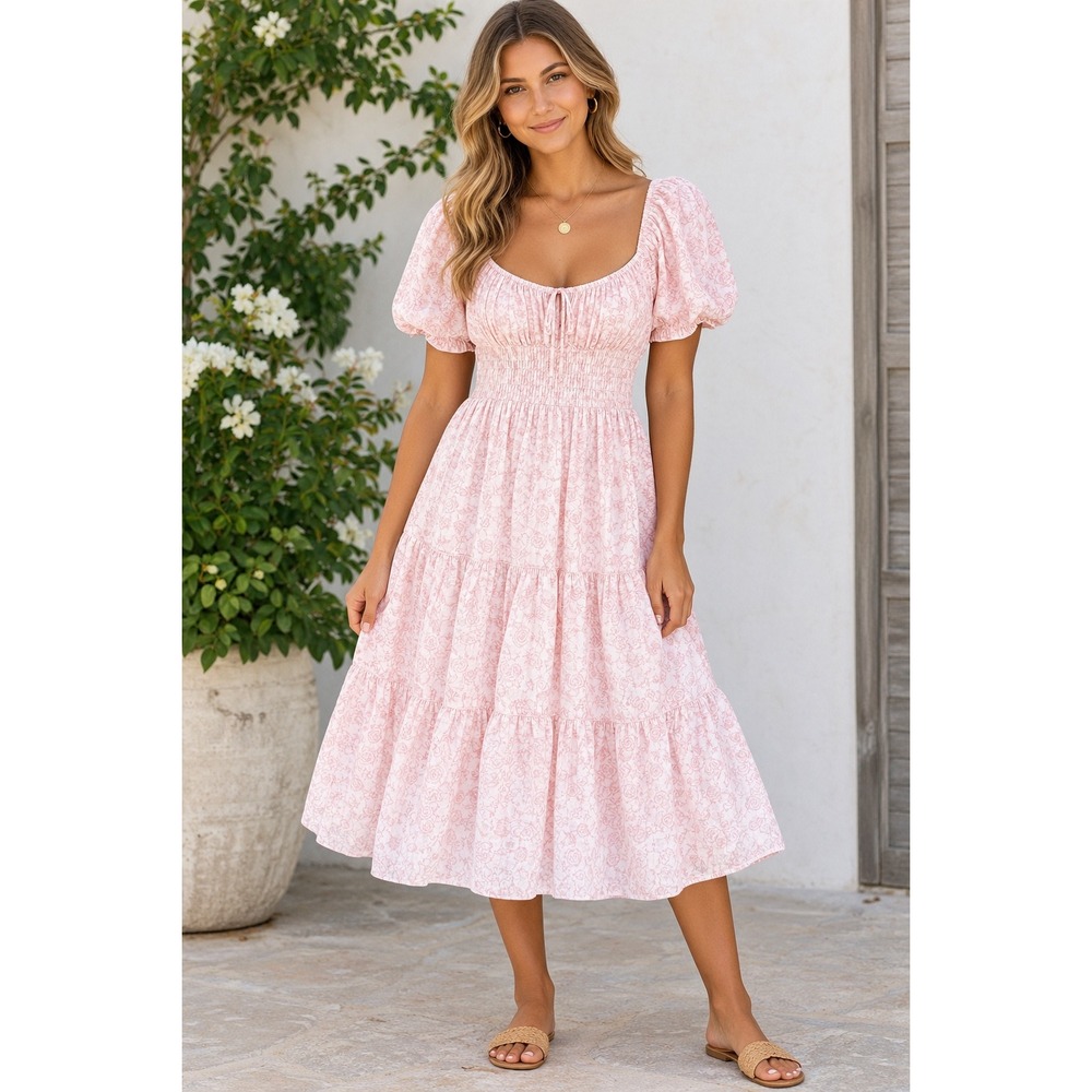 Pink Floral Smocked Tiered Midi Dress Puff Sleeve Medium Cottagecore Brunch